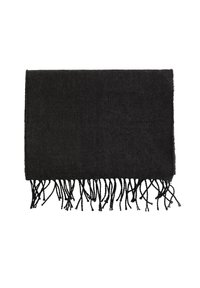 Melnas vilnas šalle ar frakām, taisnstūrveida forma, gluda tekstūra un smalks austu raksts. Izmēri aptuveni 70 x 180 cm.