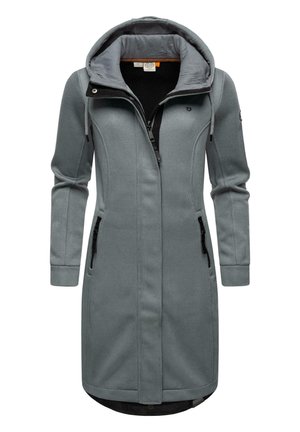 Gray long coat made of textured fabric, featuring a hood, zip pockets, and a zip front. Accents include a black zipper and cuffs.