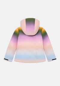 Farverig polstret jakke med et gradientdesign, der skifter fra grøn til lilla til pink til blå. Har hætte og elastiske manchetter.