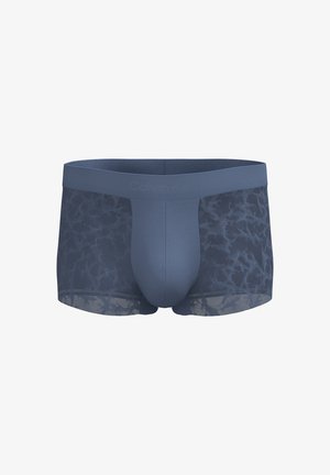 Heren boxer briefs in marineblauw met doorschijnende zijkanten met luipaardprint en een effen voorvak, voorzien van een brede tailleband.
