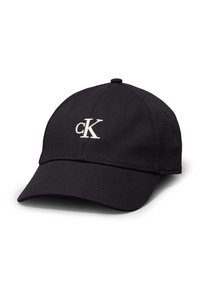 Black baseball cap made of cotton material, featuring a curved brim and embroidered 'CK' logo in white on the front.