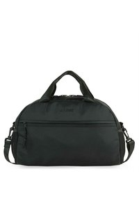 Bolsa de deporte negra con forma redondeada, fabricada con material duradero, doble asa y correa de hombro ajustable. Cuenta con un bolsillo frontal con cremallera y un bolsillo lateral de malla.