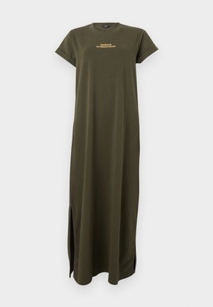 Olivroheline maxi kleit lühikeste varrukatega, ümmarguse kaelusega ja külgaukudega. Rinnal on kullast "BARBOUR INTERNATIONAL" logo.