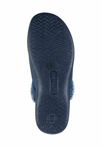 Blue textile shoe sole with textured rubber grip pattern, featuring a curved back and subtle branding. Soft inner lining visible at the edge.