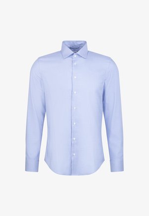 Camicia azzurra a maniche lunghe con colletto, caratterizzata da un delicato motivo a quadretti e bottoni bianchi, realizzata in un tessuto liscio.