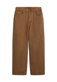 Pantalones de algodón marrones de pierna ancha con cierre de botón, cinco bolsillos y un acabado limpio. Presentan una textura sutil y una tela suave.