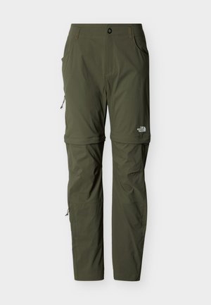 Oliivinvihreät retkeilyhousut irrotettavilla lahkeilla, nappi- ja vetoketjukiinnitys, sivutaskut sekä The North Face -logo reiden kohdalla.