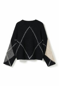 Krótki sweter w kolorze czarnym z białym wzorem diamentowym, szare i beżowe akcenty na rękawach, wykonany z miękkiego materiału z prążkowanym dołem.
