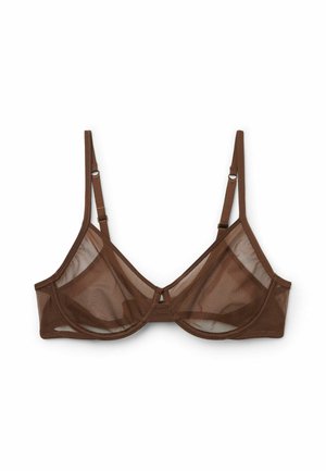 Bruine doorschijnende mesh beugel-bh met verstelbare dunne bandjes en een klein sleutelgatdetail aan de voorkant.