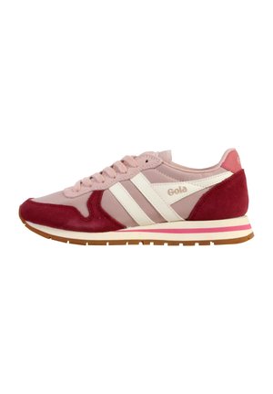 Pink athletic shoes with suede and mesh upper, white stripes, and a maroon accent. Flat rubber outsole with a white and pink midsole.