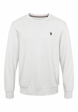 Witte lange mouwen sweatshirt gemaakt van lichtgewicht stof. Heeft een geribbelde ronde hals en manchetten, met een klein zwart logo op de borst.