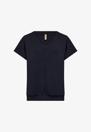 Marineblå kortærmet top med V-hals, lavet af blødt stof. Har en syet søm ned langs fronten og en tætsiddende kant ved taljen.