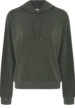 Olivenfarvet sweatshirt med hætte, justerbare snører, ribbede manchetter og kant, samt et lille logo trykt på brystet.