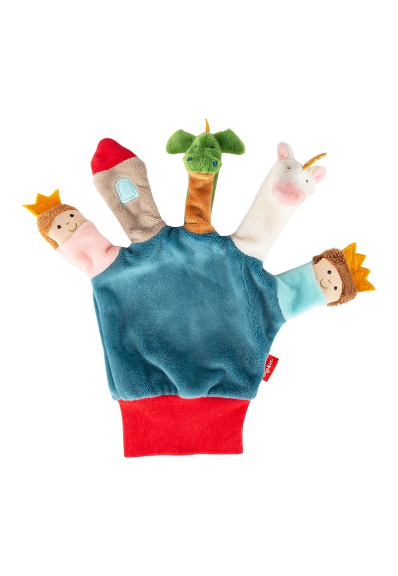 Finger puppet glove in soft teal fabric, featuring five characters: a king, unicorn, dragon, castle, and prince, with colorful accents.