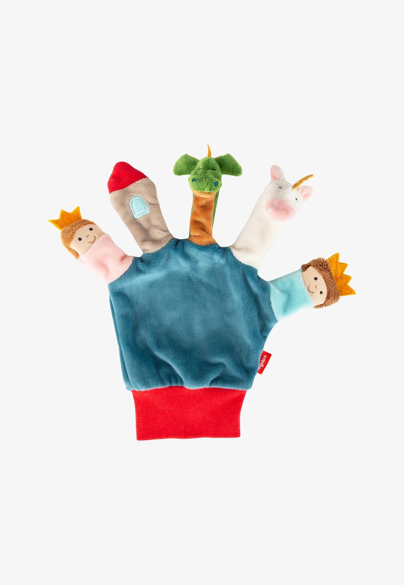 Guanto per burattini in morbido tessuto verde acqua, con cinque personaggi: un re, un unicorno, un drago, un castello e un principe, arricchiti da accenti colorati.