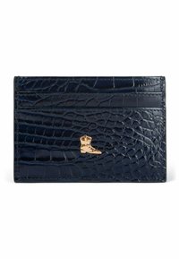 Portacarte blu navy in texture coccodrillo goffrato con logo boot dorato. Presenta molteplici scomparti per carte e un design elegante e rettangolare.