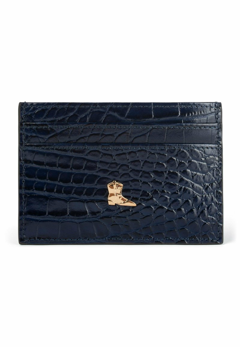 Portacarte blu navy in texture coccodrillo goffrato con logo boot dorato. Presenta molteplici scomparti per carte e un design elegante e rettangolare.