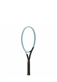 Tennis racket with a light blue oval head and black shaft. Features a textured black grip and small perforations along the frame.