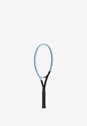 Tennis racket with a light blue oval head and black shaft. Features a textured black grip and small perforations along the frame.