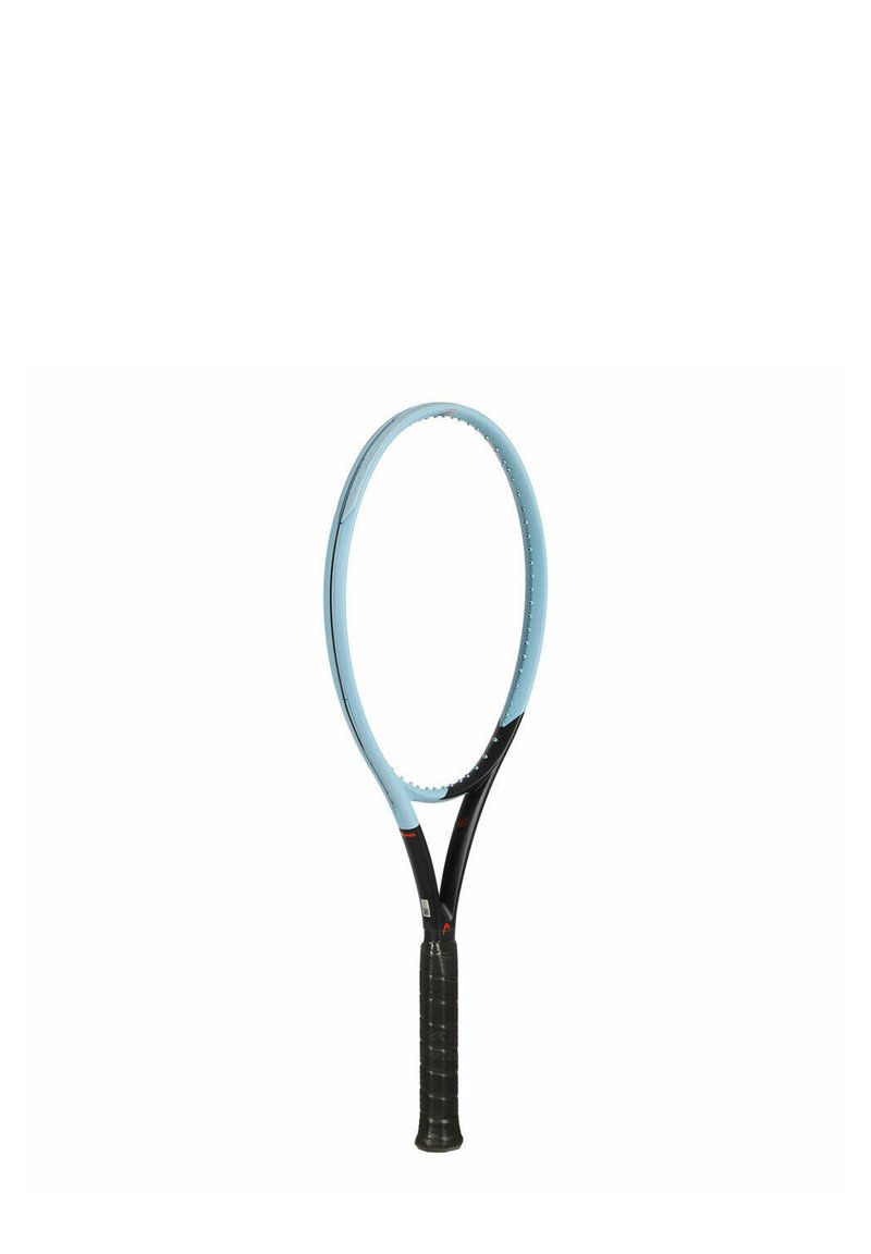 Tennis racket with a light blue oval head and black shaft. Features a textured black grip and small perforations along the frame.