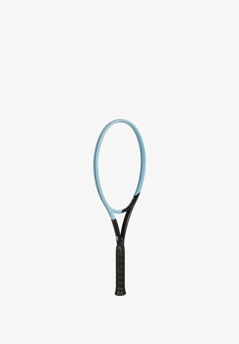 Tennis racket with a light blue oval head and black shaft. Features a textured black grip and small perforations along the frame.