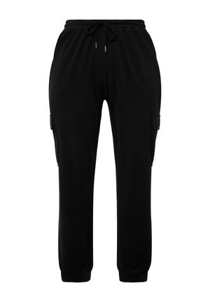 Pantalons de jogging noirs en matériau doux, avec une taille élastique et des cordons de serrage, des poches cargo latérales et des poignets élastiques.