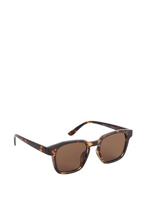 Braun getönte rechteckige Sonnenbrille mit schildpattgemusterten Fassungen und geraden Bügeln.