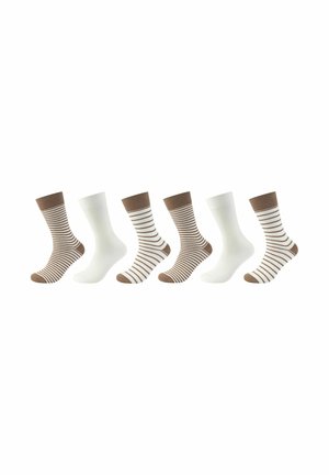 Fünf Paar Socken: zwei braun gestreifte, zwei einfarbig weiße und ein braun-weiß gestreiftes Paar. Baumwollmischung, halbhohe Länge, verstärkte Bündchen.