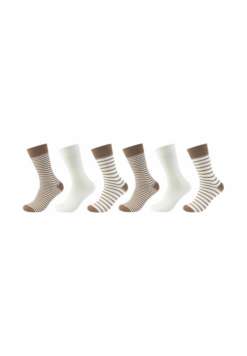 Fünf Paar Socken: zwei braun gestreifte, zwei einfarbig weiße und ein braun-weiß gestreiftes Paar. Baumwollmischung, halbhohe Länge, verstärkte Bündchen.