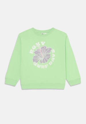 Mint green sweatshirt with a relaxed fit, featuring a white "ROXY SURF DAY" logo and a grey hibiscus flower graphic on the front.