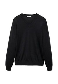 Schwarzer V-Ausschnitt-Pullover aus weichem Material mit langen Ärmeln, gerippten Bündchen und Saum, in lockerer Passform und minimalistischem Design.