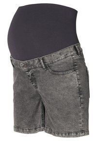 Gravidshorts i grå denim med ett elastiskt svart midjeband. Har framfickor och rak passform, designade för komfort och bra passform.