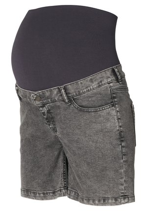 Zwangerschapsshorts in grijze denim met een elastische zwarte tailleband. Beschikt over voorzakken en een rechte snit, ontworpen voor comfort en een goede pasvorm.