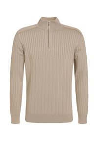 Suéter de punto beige con cuello alto, cierre de cremallera de cuarto y textura de canalé vertical. Mangas largas y estilo ajustado.