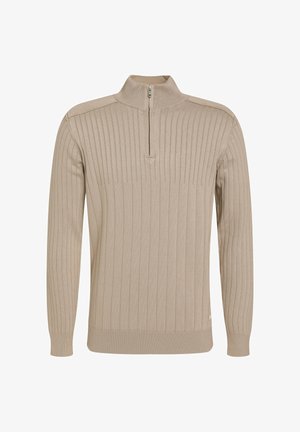 Beeži kootud sviiter kõrge kaelusega, veerandi tõmblukuga ja vertikaalse soonikkoega. Pika käega ja liibuv stiil.