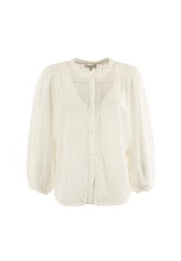 Blusa bianca in pizzo con scollatura rotonda, chiusura con bottoni frontale e maniche lunghe arricciate. Tessuto trasparente con intricate trame in pizzo.