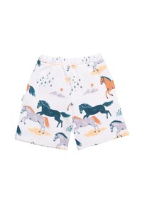 Weiße Shorts mit einem mehrfarbigen Pferdedruck, der schwarze, graue, orangene und türkisfarbene Pferde vor pastellfarbenen Wolken und sonnigen Akzenten zeigt. Mit elastischem Bund.