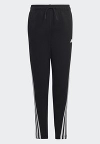 Pantalones de chándal negros con cintura elástica, detalle de cordón y rayas laterales blancas. Fabricados con un tejido suave, presentan un diseño de pierna ajustada.