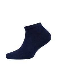 Calzino alla caviglia blu navy realizzato in tessuto morbido e texturizzato con un bordo a costine. Il calzino ha una finitura liscia e una forma aderente, adatta per un abbigliamento casual.