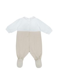 Bodysuit léger pour nourrissons avec un haut blanc, un bas beige et des poignets élastiques. Dispose d'une fermeture à boutons et d'un design pied.