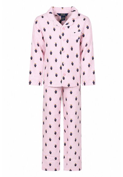 Rosa gestreifter zweiteiliger Pyjama mit Knopfoberteil und Hose, verziert mit Muster eines kleinen Teddybären im Marine-Outfit.