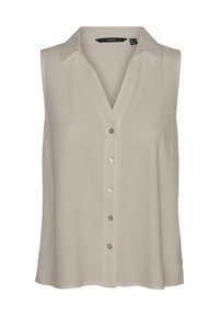 Blouse sans manches beige clair avec un col en V, fermeture à boutons sur le devant et col plat. Fabriquée en tissu lisse avec un léger éclat.