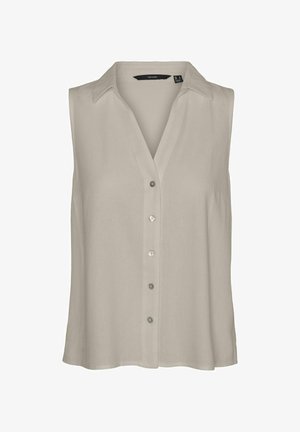 Blusa senza maniche color beige chiaro con scollatura a V, chiusura a bottoni frontale e colletto piatto. Realizzata in tessuto morbido con un leggero lucido.