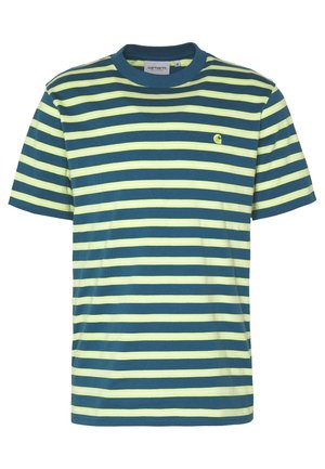 Striped T-shirt featuring teal and yellow colors. Short sleeves, crew neck, and a small embroidered logo on the left chest. Cotton material.