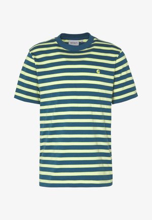 Koszulka w paski w kolorach turkusowym i żółtym. Krótkie rękawy, okrągły dekolt oraz małe haftowane logo po lewej stronie klatki piersiowej. Materiał bawełniany.