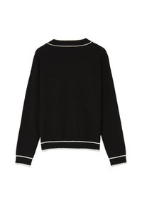 Schwarzer pullover mit langen Ärmeln und weißen Akzenten am Kragen, den Bündchen und dem Saum, von hinten auf einem weißen Hintergrund gezeigt.