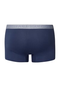 Marinblå boxershorts med en grå elastisk midja som har subtila varumärkestryck. Tillverkade av mjukt, slätt tyg med en åtsittande design.