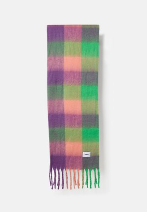 Plaid scarf with a gradient pattern in purple, pink, green, and orange, featuring twisted fringe and a small white brand label.