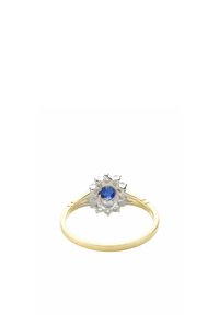 Goldring mit einem zentralen blauen Edelstein, umgeben von einer strukturierten silbernen Fassung. Schlichte Band mit klaren Linien und minimalen Akzenten.