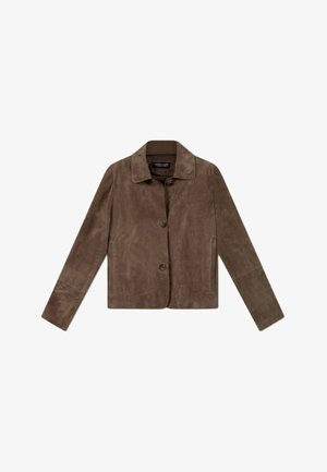 Brown suede jacket with long sleeves, two front buttons, side pockets, and a classic collar, laid flat on white background.